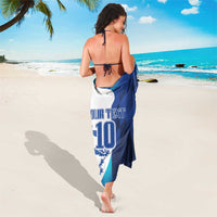 Blue sports sarong wrap with teal design and visible text 'OUR TEXT 10'