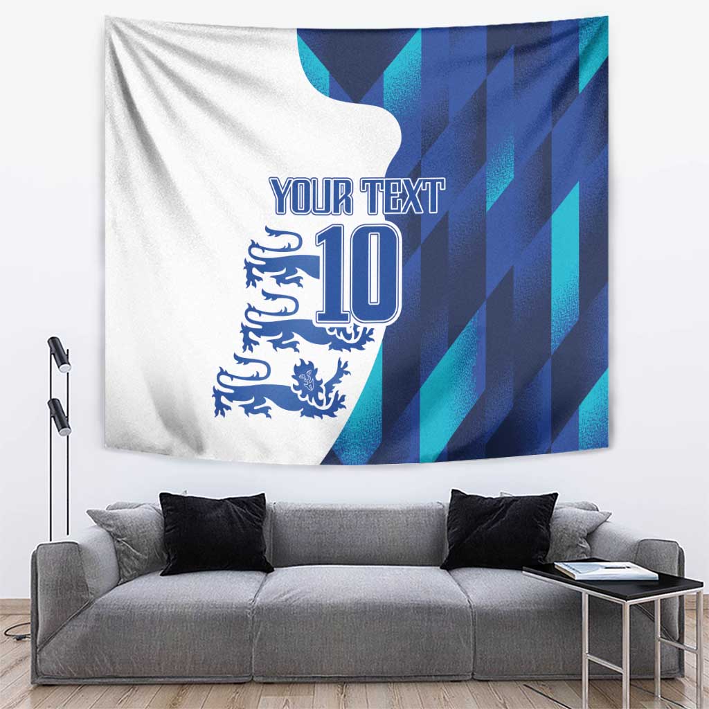Blue-and-white football-themed tapestry with 'YOUR TEXT' and number 10 crest graphic