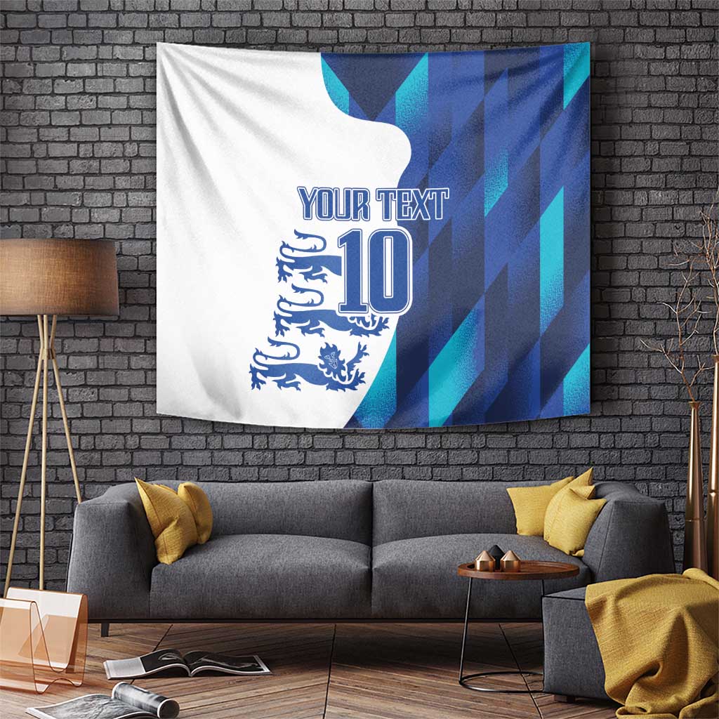Blue-and-white football tapestry with 'YOUR TEXT' and number 10 crest design