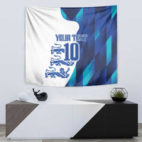 Blue-and-white custom football tapestry with 'YOUR TEXT' and number 10 emblem