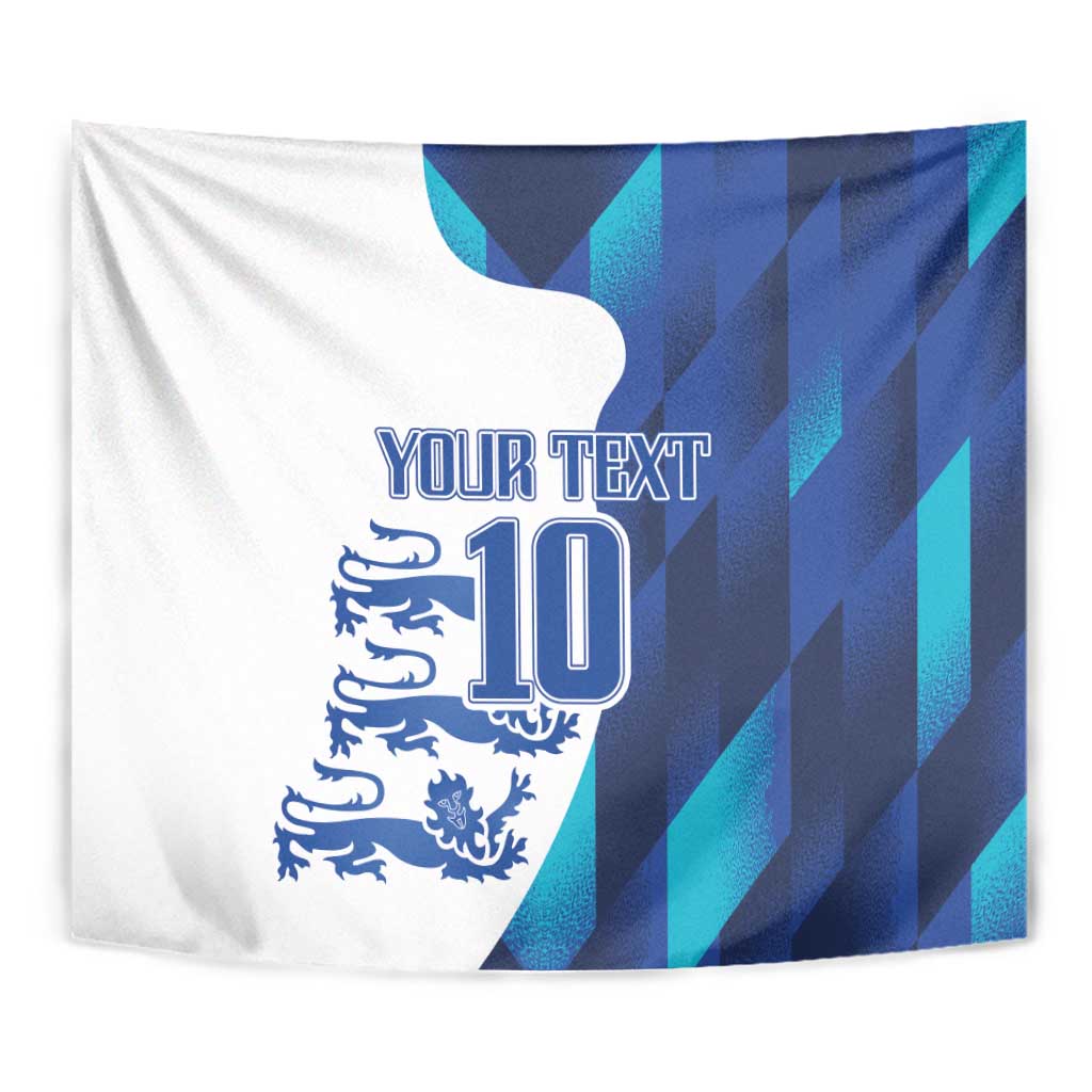Close-up of blue-and-white tapestry with 'YOUR TEXT', number 10, crest emblem