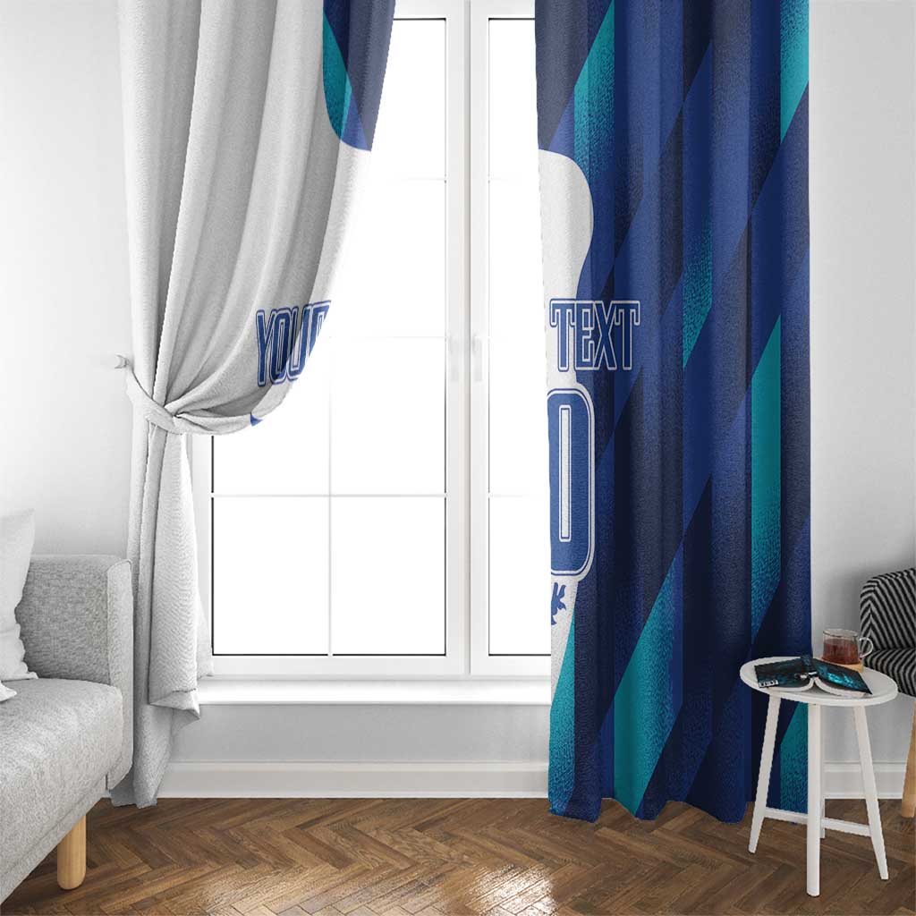 Blue and white England football window curtains with printed 'YOUR TEXT' panel on right