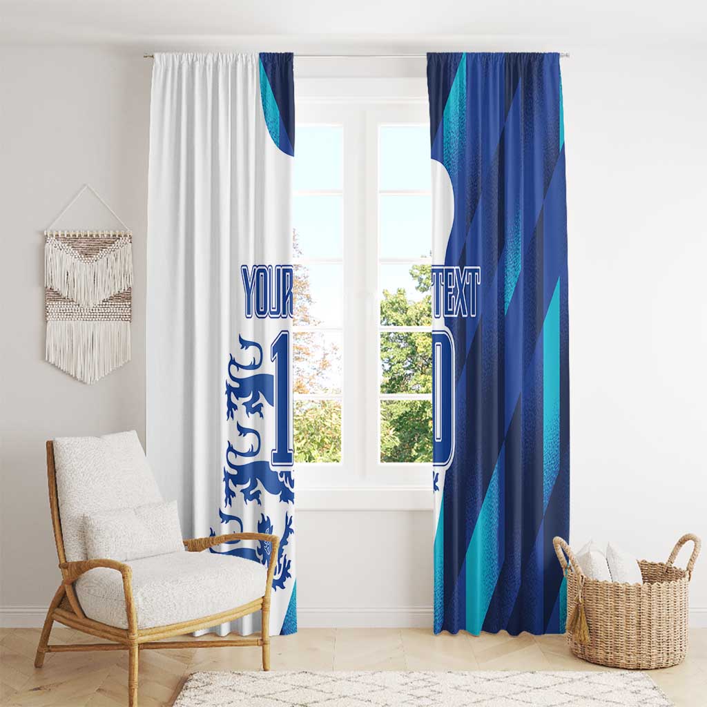 Blue and white England football window curtains with printed 'YOUR TEXT 1' near window