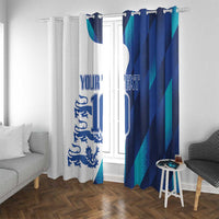 Blue and white England football window curtains with 'YOUR TEXT' and blue geometric stripes