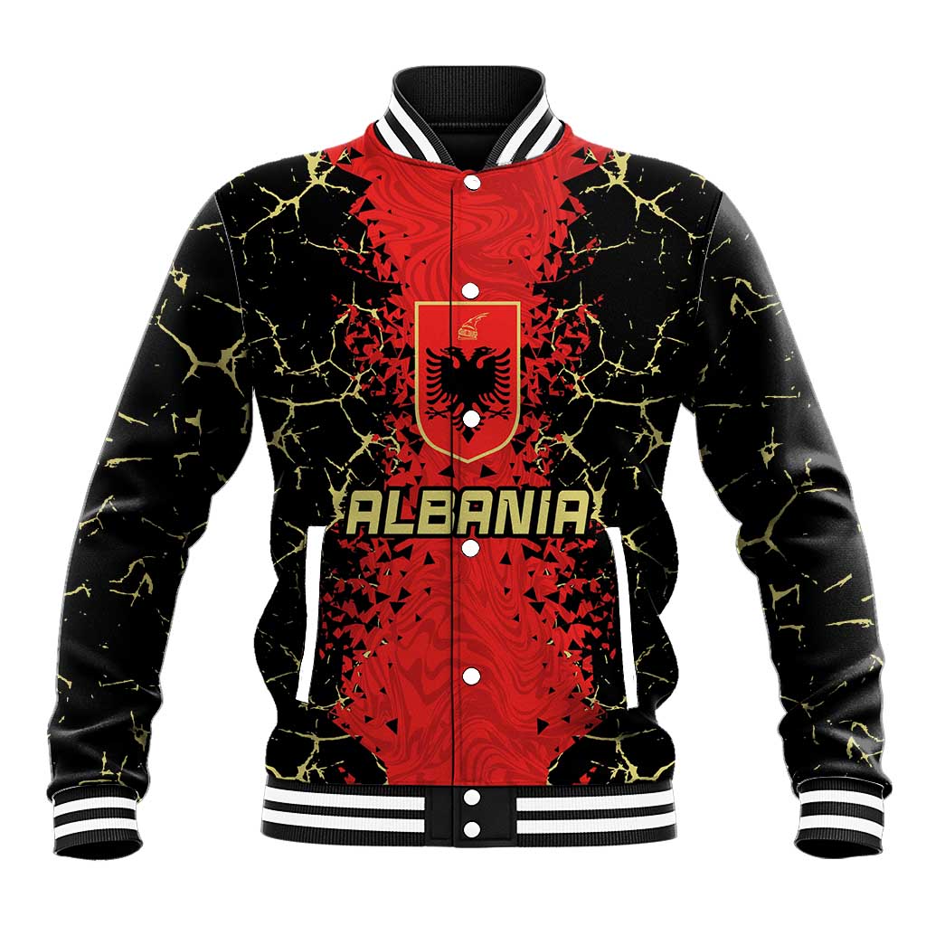 Red and black baseball jacket, front button-up with crest, yellow splash pattern sleeves