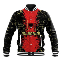 Red and black baseball jacket, front button-up with crest, yellow splash pattern sleeves