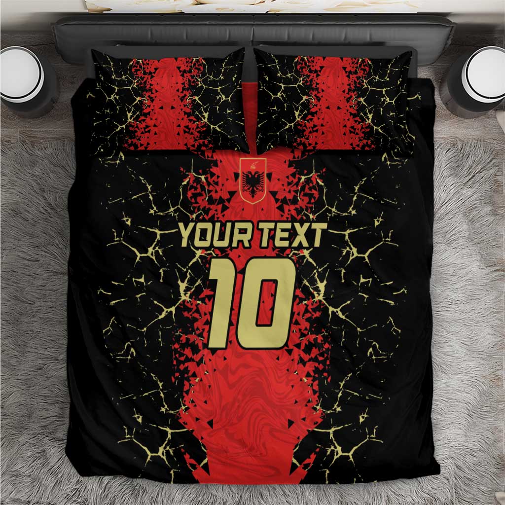 Football bedding set, black and red number 10 with 'Your Text' on duvet, 2 pillowcases