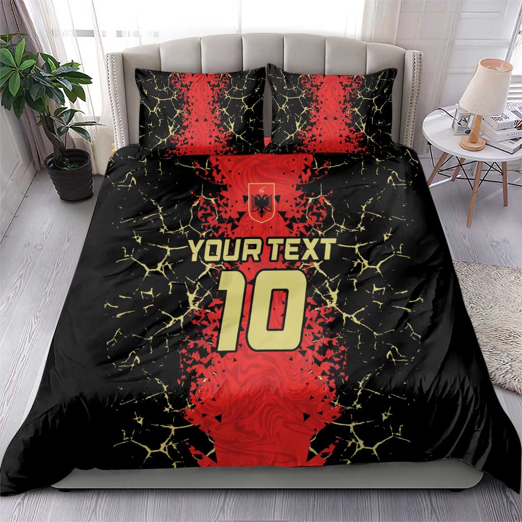 Football bedding set with black duvet featuring red number 10 and 'Your Text', 2 matching pillows