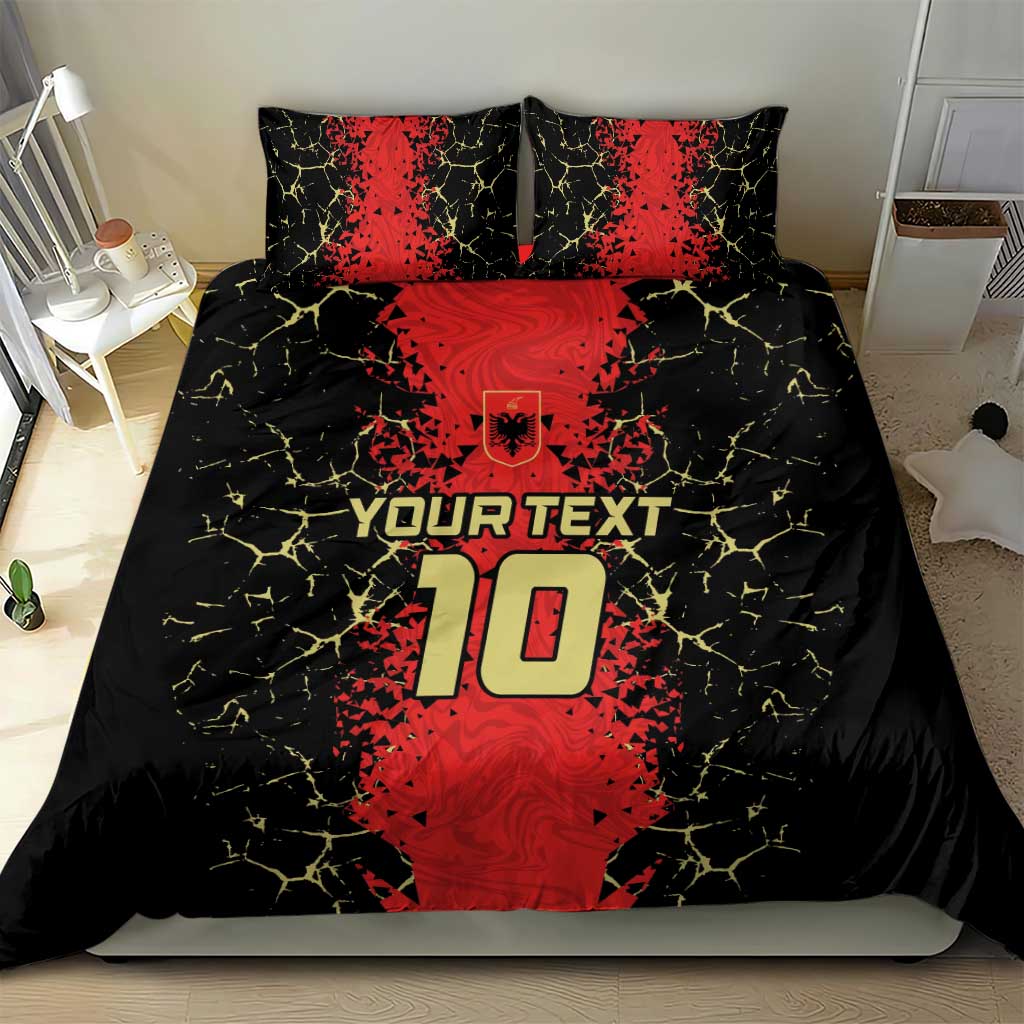 Football bedding set on bed with black duvet and red number 10 plus 'Your Text', 2 pillows