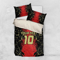 Football bedding set in black with red number 10 and 'Your Text' graphic plus 2 pillows