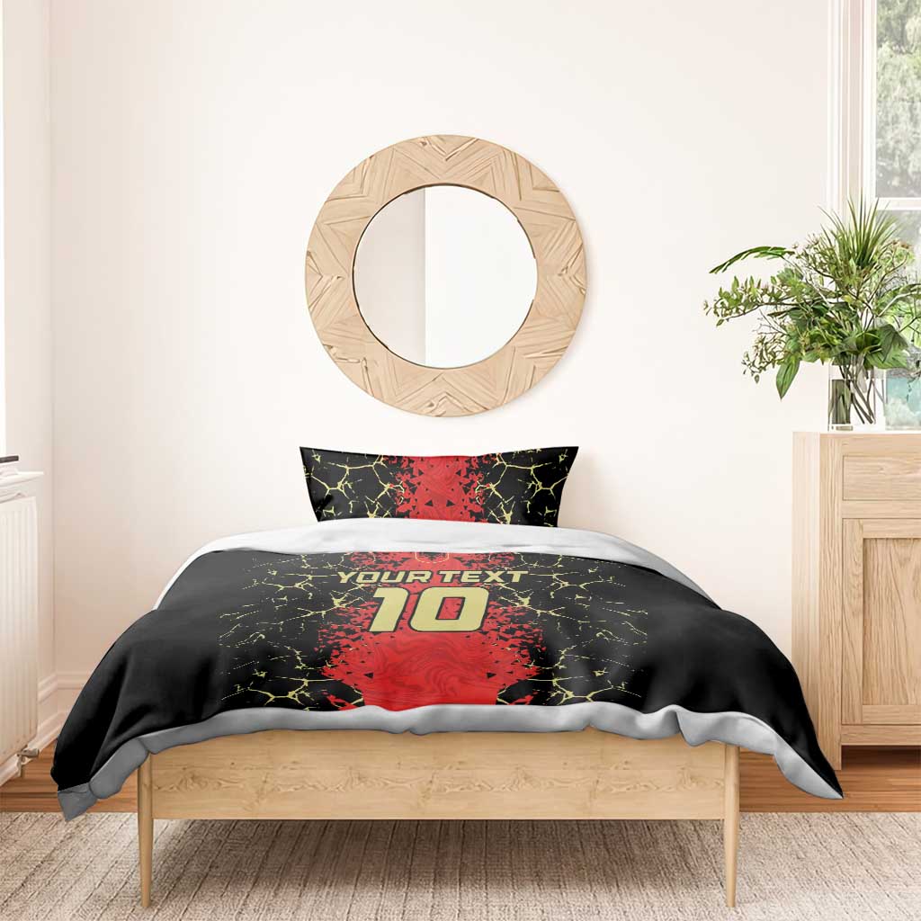Football bedding set on bed: black duvet with red number 10 and 'Your Text', 2 pillows
