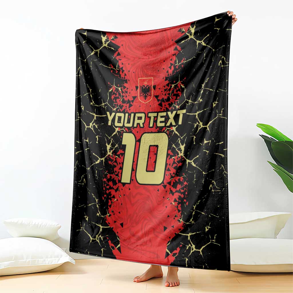 Black and red custom football blanket hanging with shield crest and 10 graphic