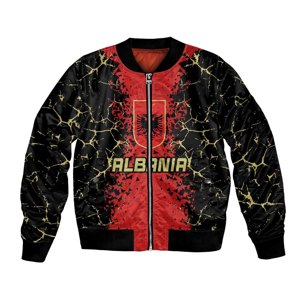 Bomber jacket with red-and-black graphic, zip front, Albania crest and ALBANIA print
