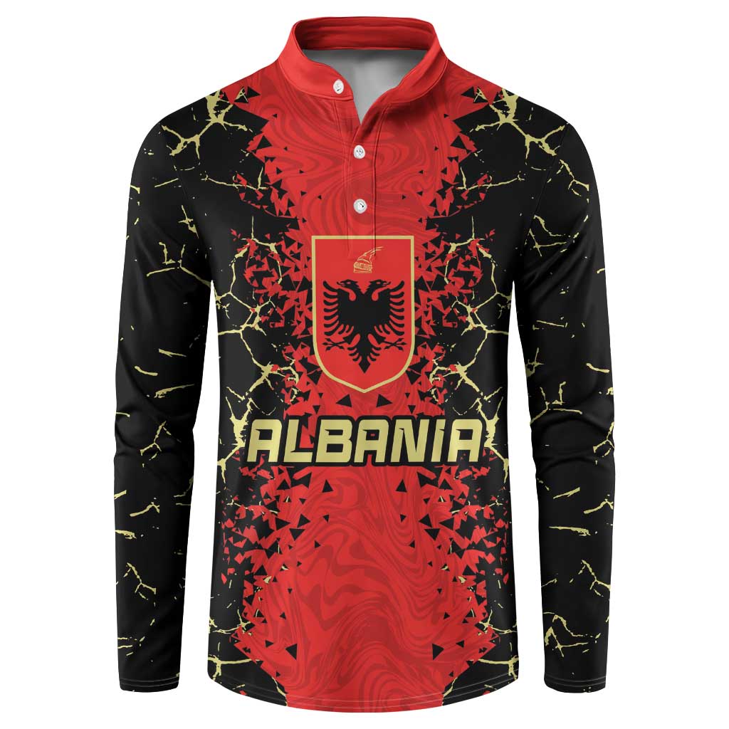 Red and black Albania button sweatshirt with crest and ALBANIA graphic