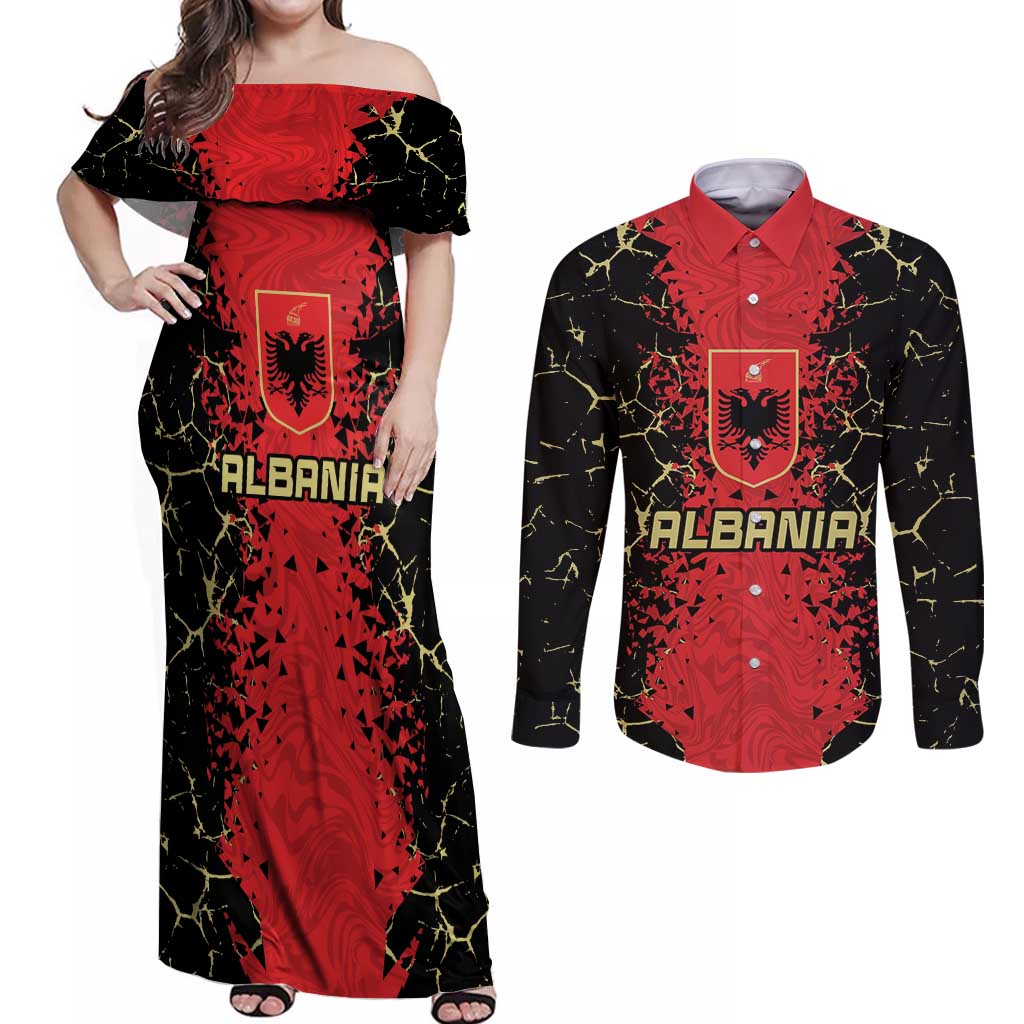 Custom Albania Football 2024 Go Champion Couples Matching Off Shoulder Maxi Dress and Long Sleeve Button Shirt - Wonder Print Shop