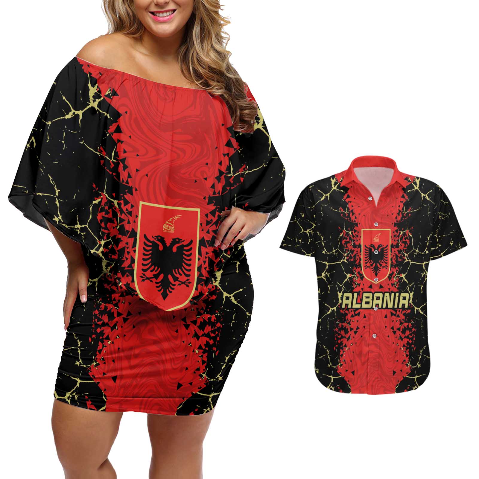 Custom Albania Football 2024 Go Champion Couples Matching Off Shoulder Short Dress and Hawaiian Shirt - Wonder Print Shop