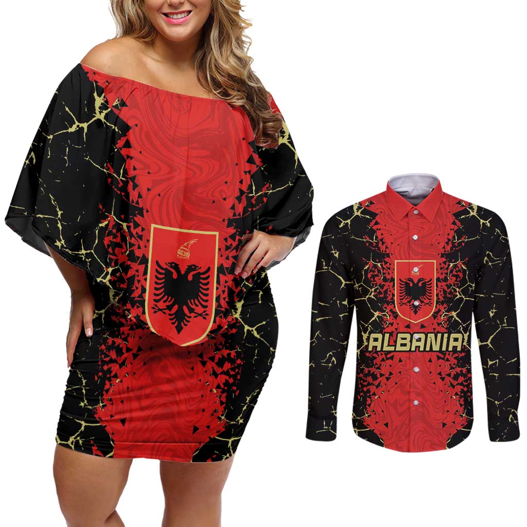 Custom Albania Football 2024 Go Champion Couples Matching Off Shoulder Short Dress and Long Sleeve Button Shirt - Wonder Print Shop