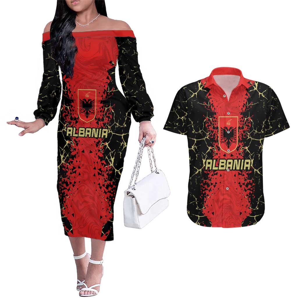 Custom Albania Football 2024 Go Champion Couples Matching Off The Shoulder Long Sleeve Dress and Hawaiian Shirt - Wonder Print Shop