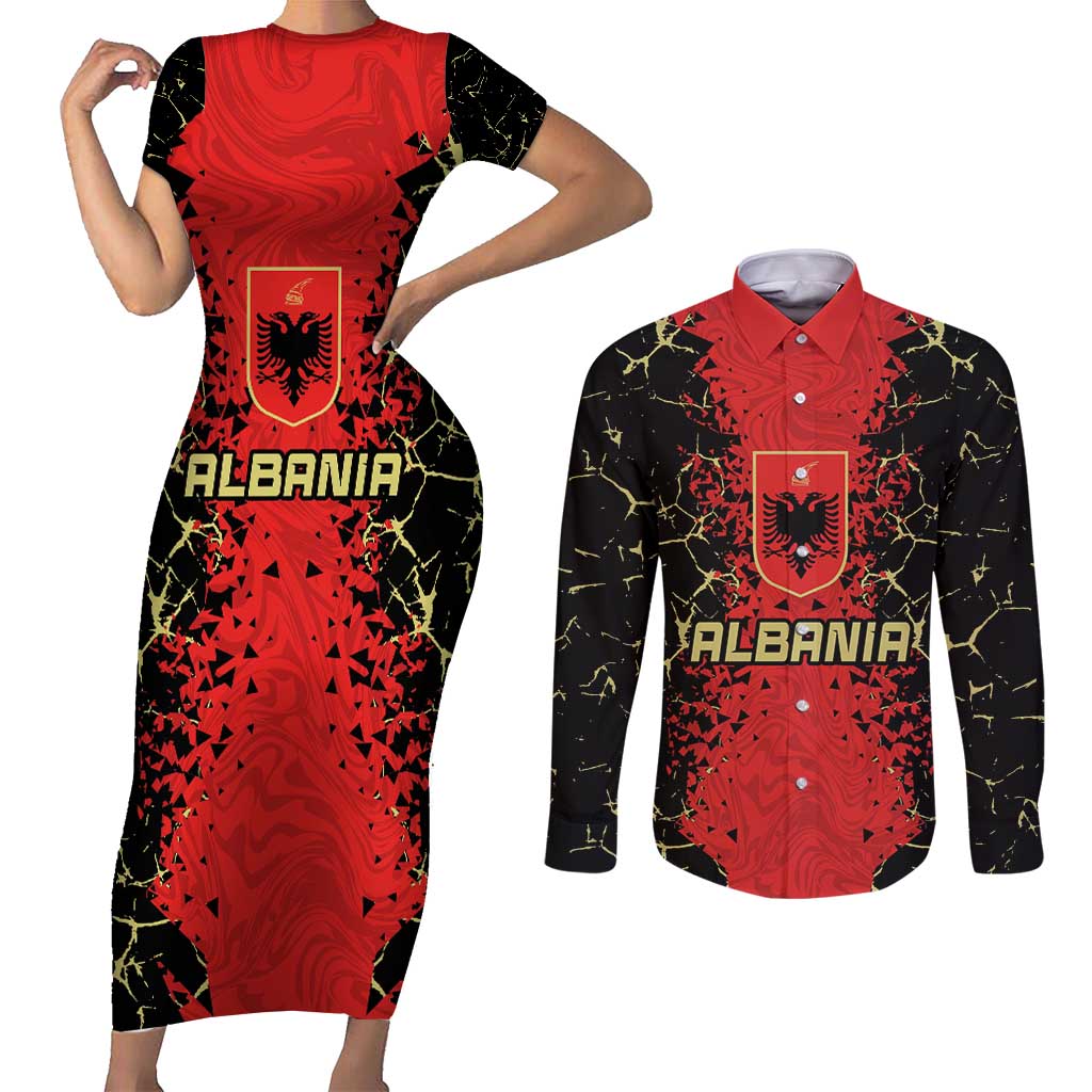 Custom Albania Football 2024 Go Champion Couples Matching Short Sleeve Bodycon Dress and Long Sleeve Button Shirt - Wonder Print Shop