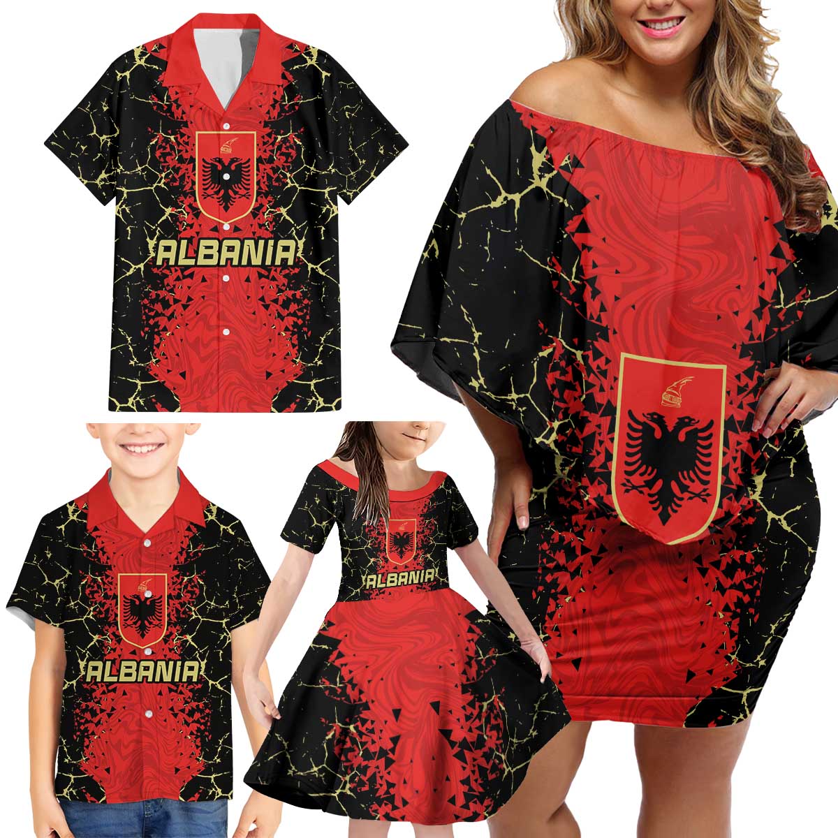 Custom Albania Football 2024 Go Champion Family Matching Off Shoulder Short Dress and Hawaiian Shirt - Wonder Print Shop