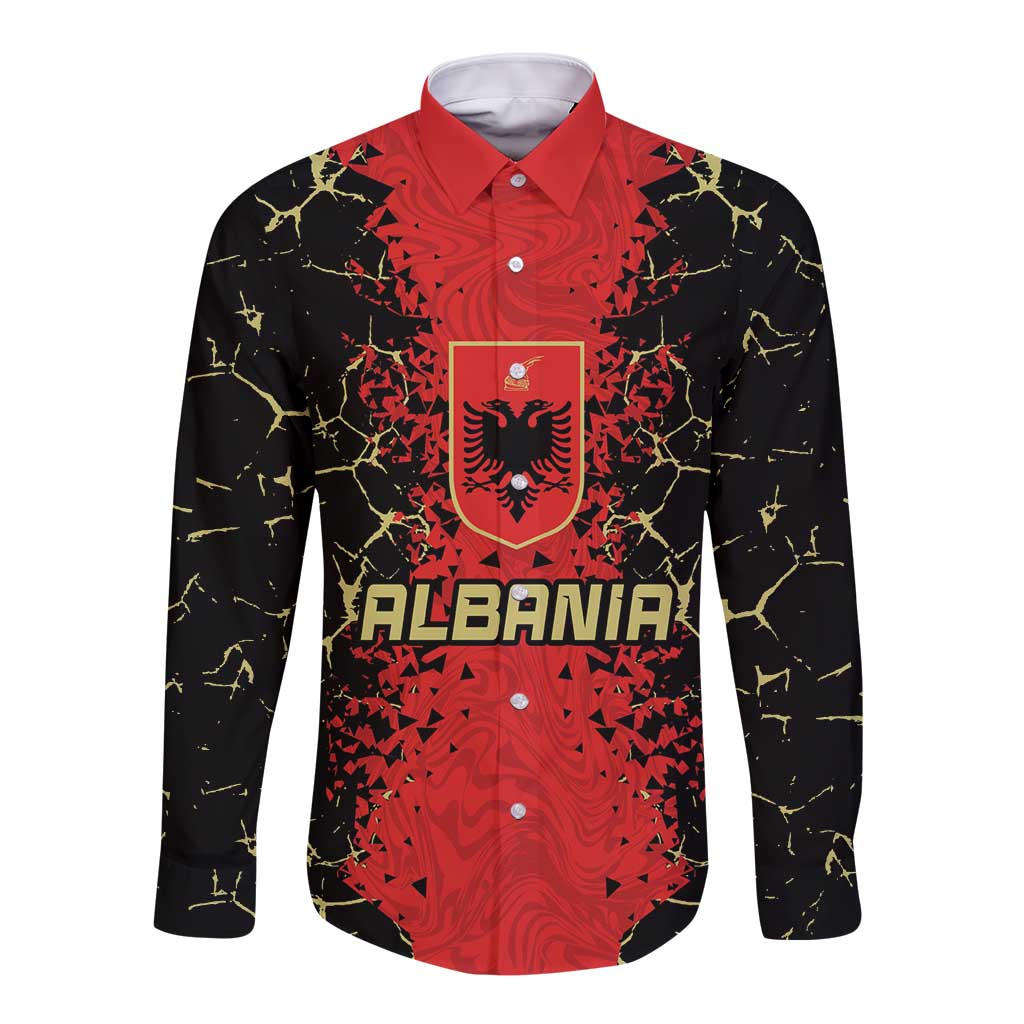 Long-sleeve button football shirt, black and red with Albania crest and ALBANIA print