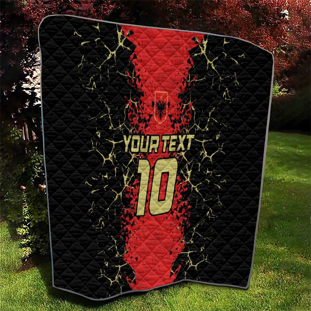 Quilt blanket corner view with black and red football jersey print, number 10, and custom text.