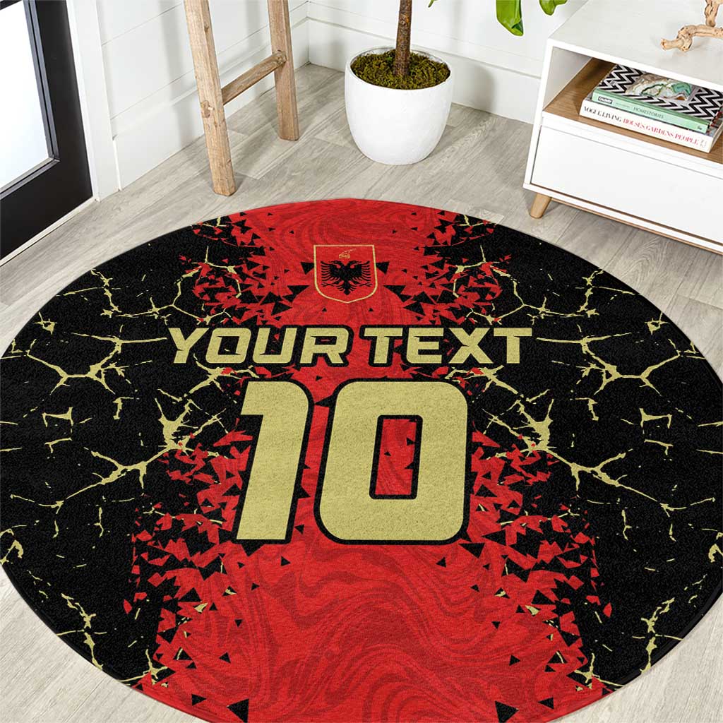 Red and black round football-themed rug with crest and large '10' graphic over custom text