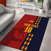 Large Spain football area rug showing 'YOUR TEXT 10', checkered stripes, blue and red