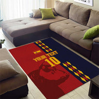 Spain football area rug with red lion portrait, 'YOUR TEXT 10' yellow lettering, blue field