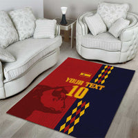 Spain football area rug with red lion graphic, 'YOUR TEXT 10' and blue checkered accents