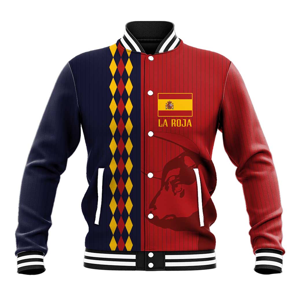 Color-block baseball jacket with red and navy panels, striped collar, button front