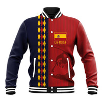Color-block baseball jacket with red and navy panels, striped collar, button front