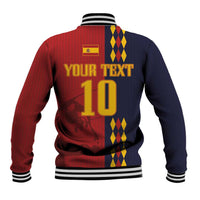 Baseball jacket back in red and navy with 'YOUR TEXT', number 10, striped rib trim