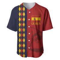 Spain baseball jersey in red and navy with button placket and LA ROJA crest graphic
