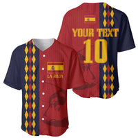 Spain baseball jersey set showing front and back, red/navy panels with LA ROJA and 10