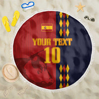 Round Spain football beach blanket with YOUR TEXT, number 10, Spain flag, red/navy diamonds