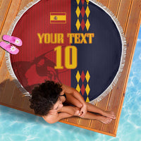 Round Spain football beach blanket with YOUR TEXT and number 10, red and navy with fringe