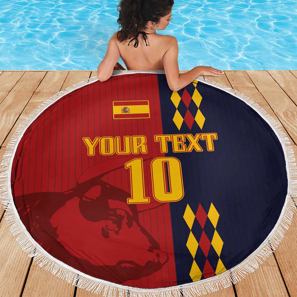 Round Spain football beach blanket featuring YOUR TEXT, number 10, Spain flag in red and navy