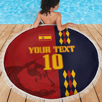 Round Spain football beach blanket featuring YOUR TEXT, number 10, Spain flag in red and navy