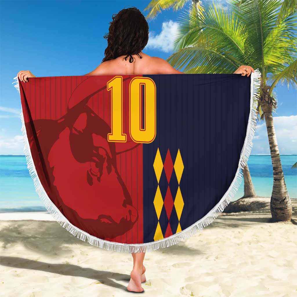 Round Spain football beach blanket, red and navy number 10 design with white fringe
