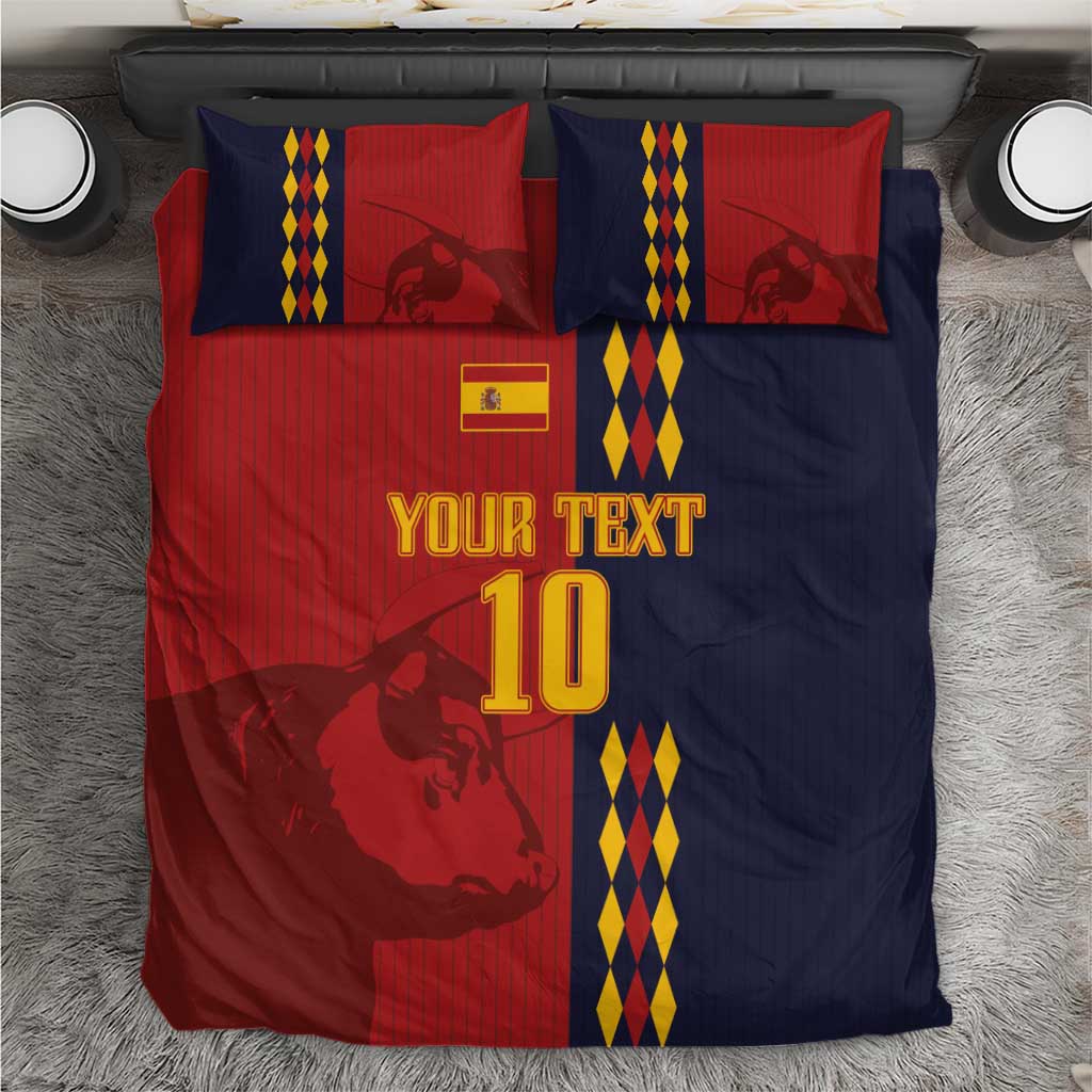 Duvet bedding set in red and dark blue with “YOUR TEXT 10” and yellow diamond stripe
