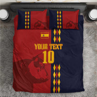 Duvet bedding set in red and dark blue with “YOUR TEXT 10” and yellow diamond stripe