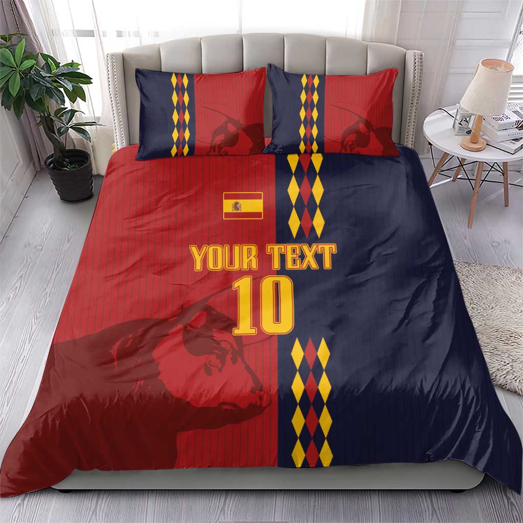 Red and dark blue football bedding set featuring “YOUR TEXT” and “10” on duvet