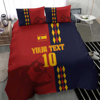 Red and dark blue duvet set with “YOUR TEXT” and “10” text and yellow diamond accents