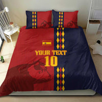 Red and dark blue bedding set with “YOUR TEXT” and “10” print plus yellow diamond stripe