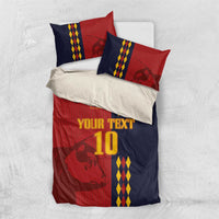 Red and dark blue football bedding set with “YOUR TEXT” and “10” graphic on duvet