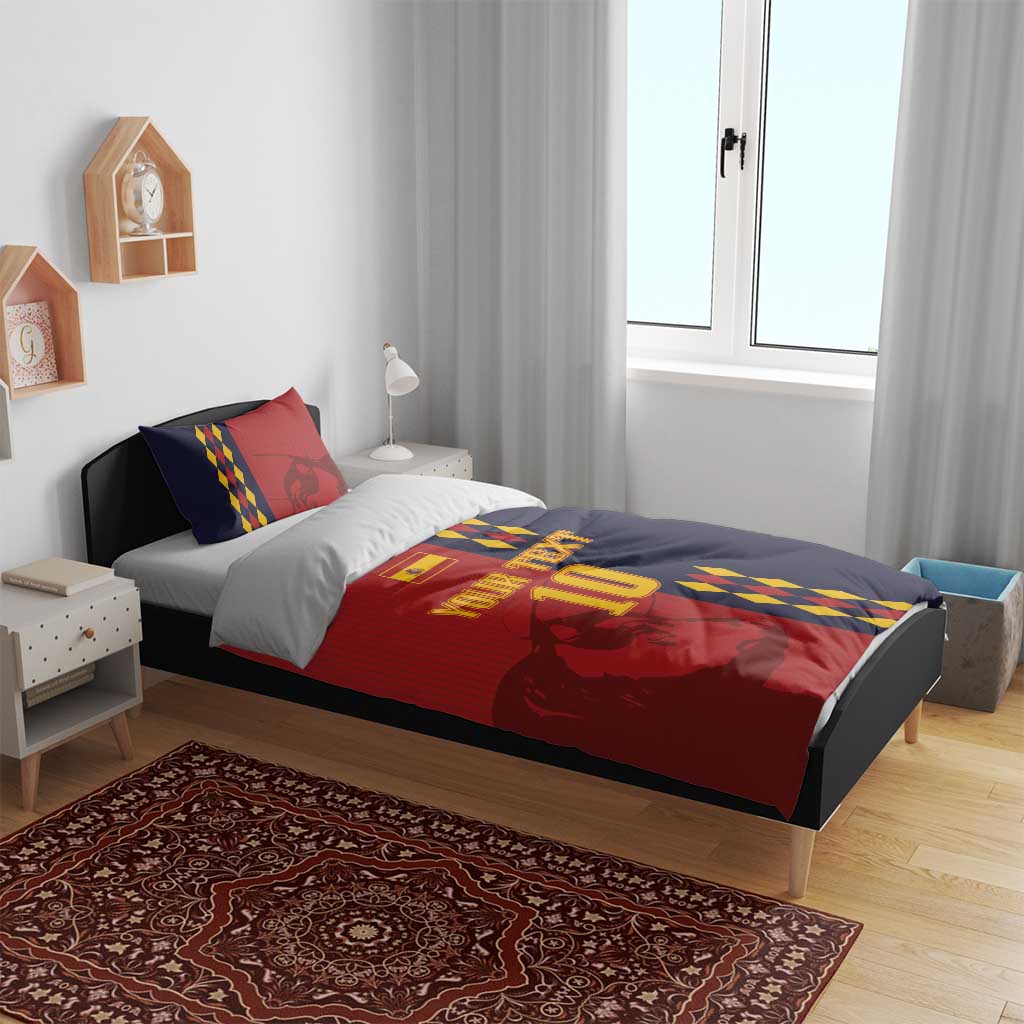 Football bedding set with red and dark blue duvet showing “YOUR TEXT 10” design