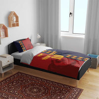 Football bedding set with red and dark blue duvet showing “YOUR TEXT 10” design
