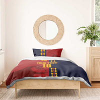 Red and dark blue bedding set with “YOUR TEXT” and “10” print on top cover