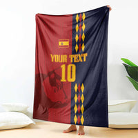 Custom Spain football blanket, red-and-navy design with lion graphic and diamond stripe